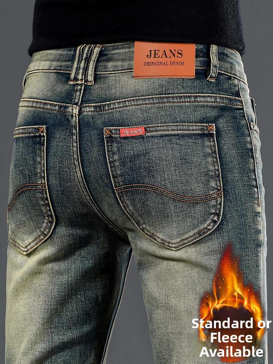 

Fall Winter Men's Slim Fit Straight Leg Stretchy Fce Lined Casual Jeans Retro Sle Faion Urban Wear Resistant Wear