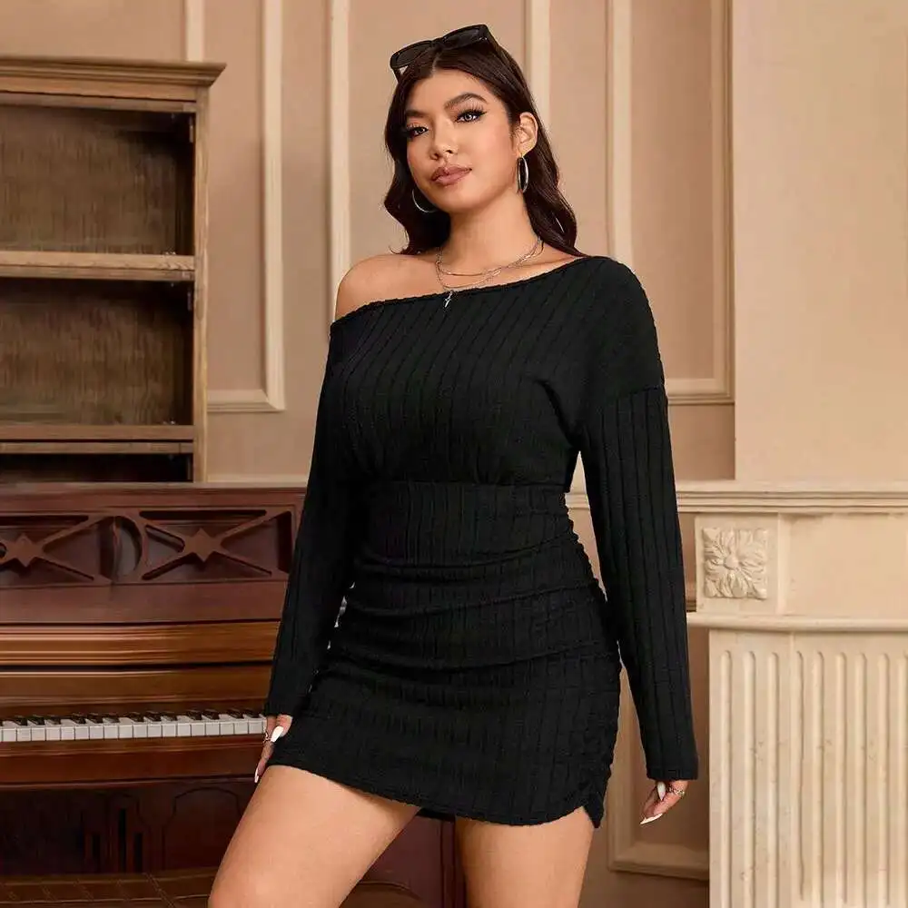 

2025 Autumn Winter New Plus Size Women's Pure Desire Asymmetric Neck Dress Off-shoulder Design Bodycon Short Dress Casual Y2k