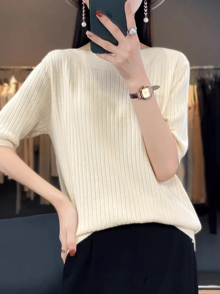 

Women Sweater Spring Autumn Warm Bottiming Shirts Korean Fashion Slash Neck Half Sleeve Pullovers Slim Fit Casual Warm Knitwears