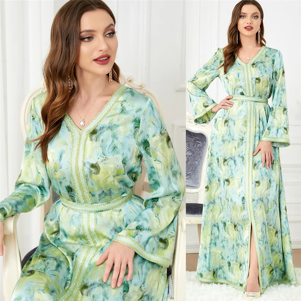 

Party Abaya Floral Print Moroccan Kaftan Dubai Gulf Jalabiya for Women Islamic Muslim Dresses Evening Party Long Dress Belt Robe