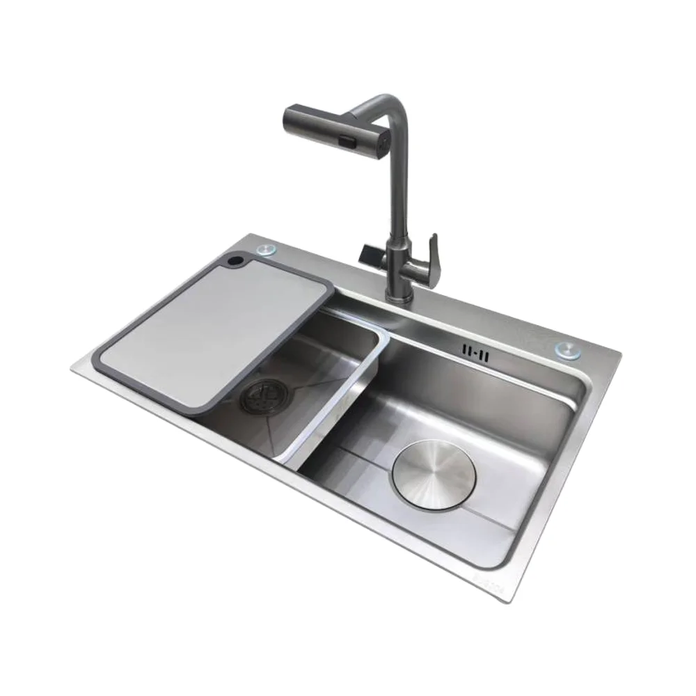 Smart 304 Stainless Steel Nano Black LED Waterfall With Multifunction & Cup Washer Kitchen Sink