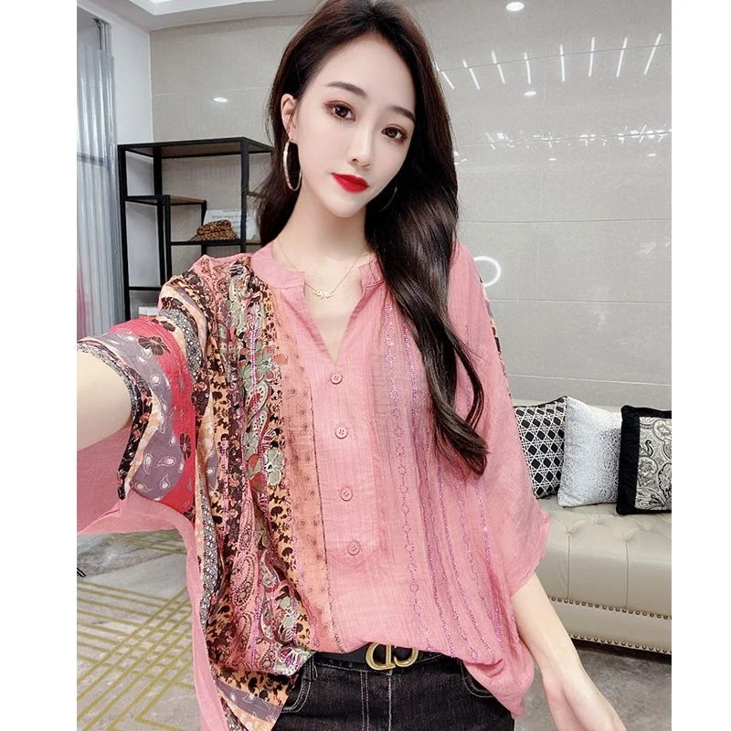 

2023 Summer Age Reducing Temperament Pink Short Sleeve Top Slimming Diamonds Fragmented Blouse For Women Button Down Shirt