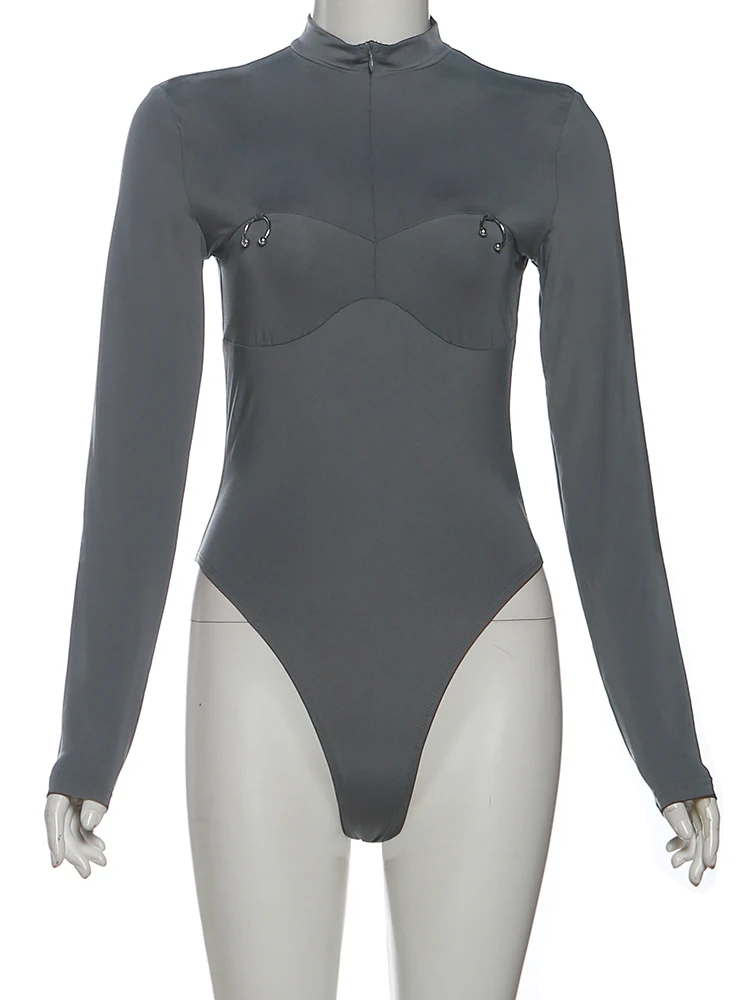 Nibber 지퍼 바디수트 여성용 메탈 링 장식 하프 터틀넥 풀 슬리브 스키니 탄력성 심플 클래식 섹시 스트리트웨어