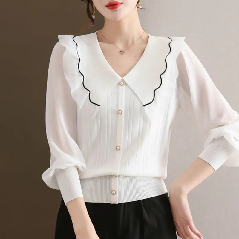 Jersey de punto de manga larga con volantes para mujer, con cuentas blusa elegante blancas y negras, moda femenina
