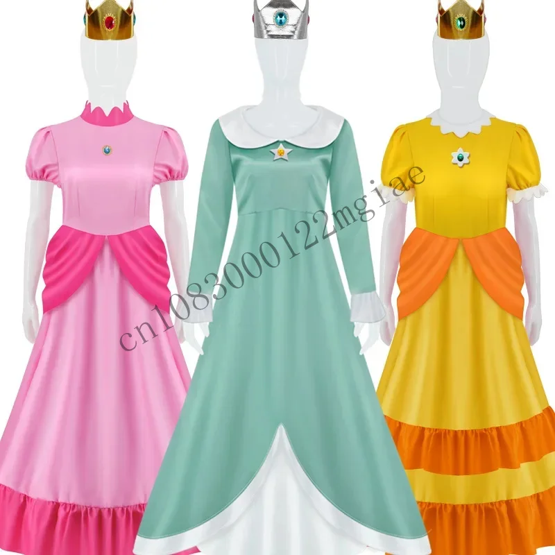 CosDaddy Princess Peach Cosplay Costume Pink Dress Adult Rosalina Blue Crown Suits Kids Halloween CMM221