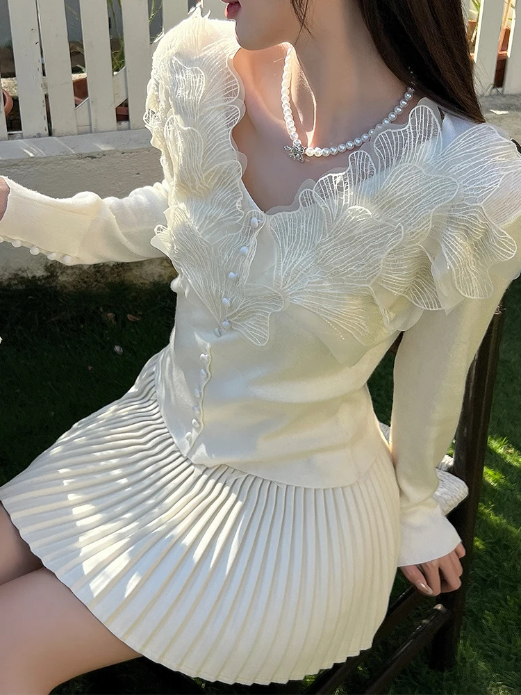 

Long Sve V-Ne Knitted Lace Feather Vest 3D Embroidery Polyester Fiber Women's Faion Autumn Winter New Arrival Slim Fit