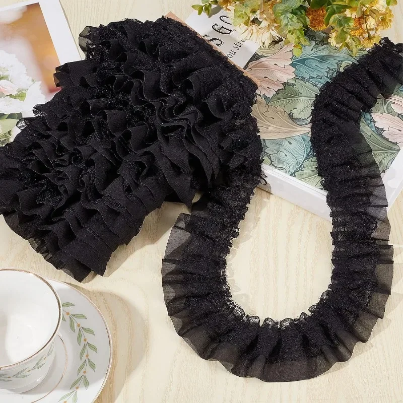 11 Yards Black Double-Layer Pleated Chiffon Lace Trim 5cm Wide 2-Layer Gathered Ruffle Trim Edging Tulle Trimmings Fabric Ribbon