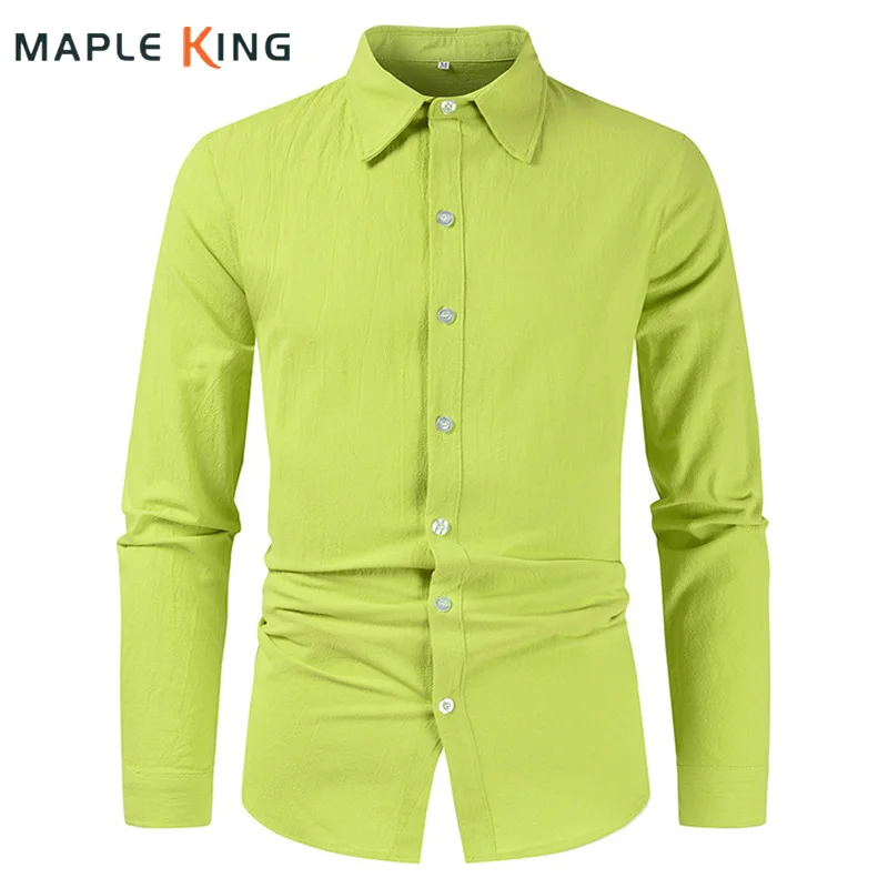 

Fluorescent Green Cowboy Shirts Dress Clothes for Men Streetwear Vinatge Cotton Linen Social Camisas Beach Shirt Mens Camisetas