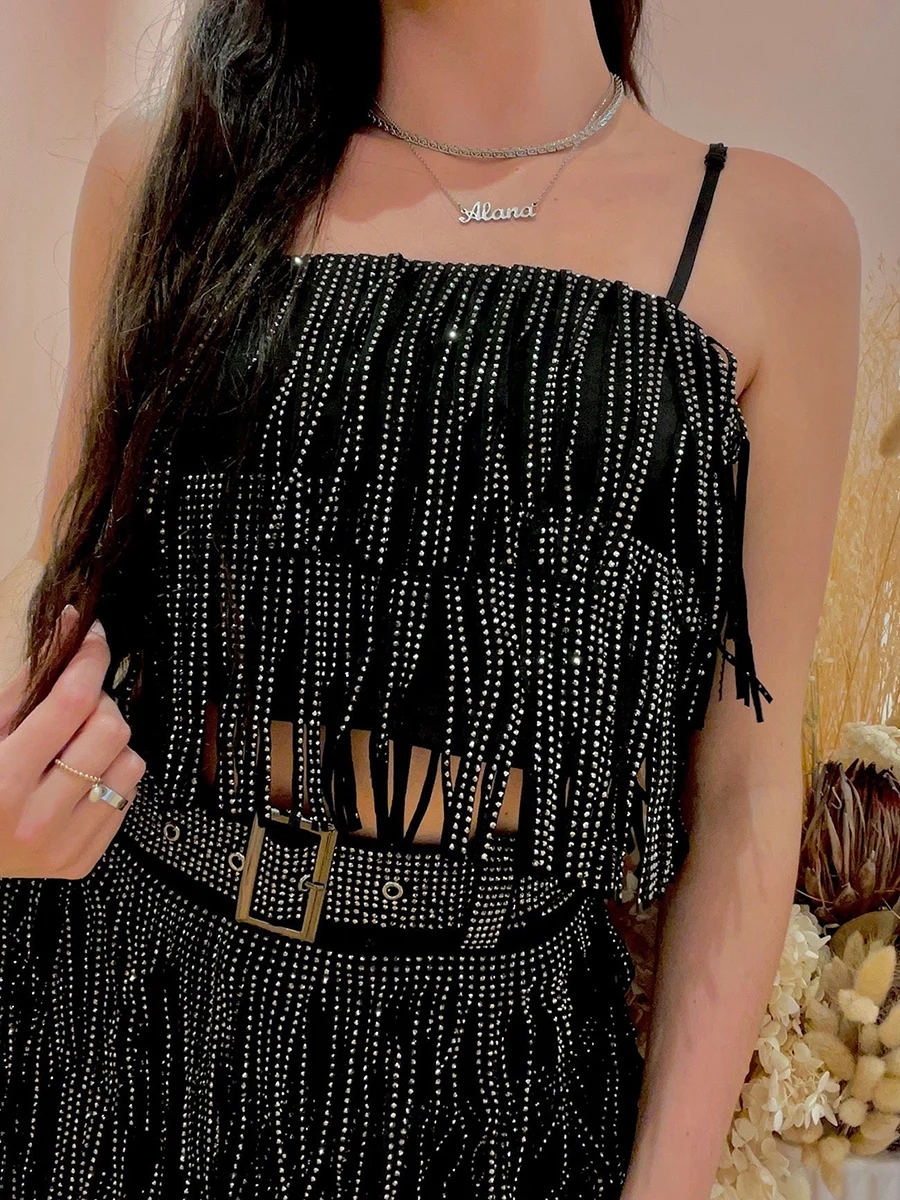 Women Tassel Skirt Suit Spaghetti Strap Crop Fringe Top and Mini Skirt 2 Piece Set Party Metallic Rhinestone Outfits