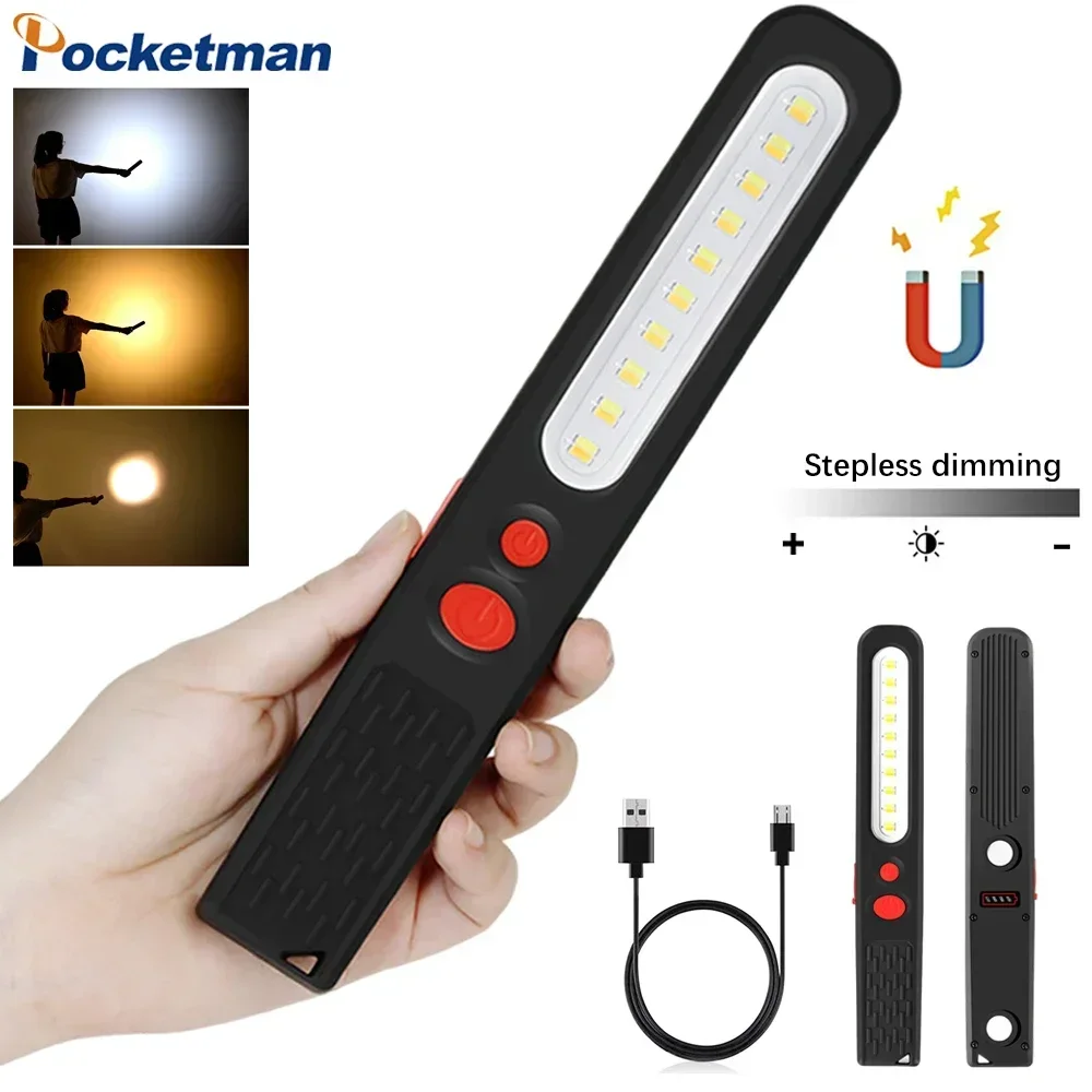 USB Rechargeable COB LED Work Light Magnetic Auto Repair Lights Flashlight Stepless Dimming Waterproof Torch