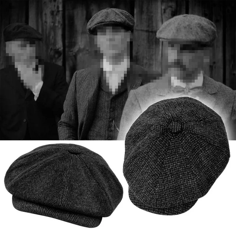 Newsboy-Hüte für Herren, klassische Fischgrätenmuster-Tweed-Wollmischung, flache Kappe, Ivy Cabbie Driving-Baskenmütze