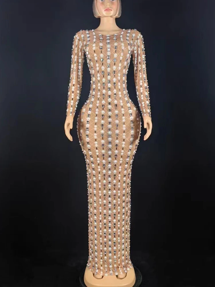 High Quality Hot Bead Hot Diamond Sexy Elastic Long Sleeved Dress 2025 New Fashion Custom Women'S Clothing