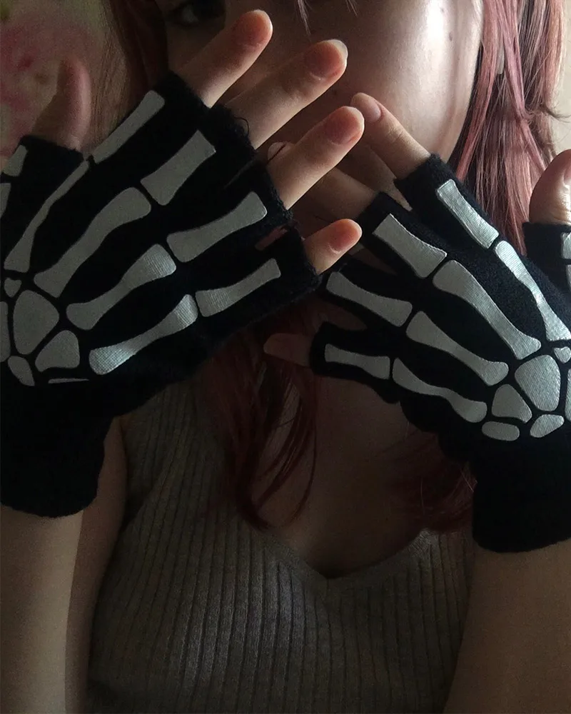Warme Strick handschuhe für Erwachsene solide Acryl Halb finger Handschuh Skelett Kopf Greifer drucken Radfahren rutsch feste Handgelenk handschuhe