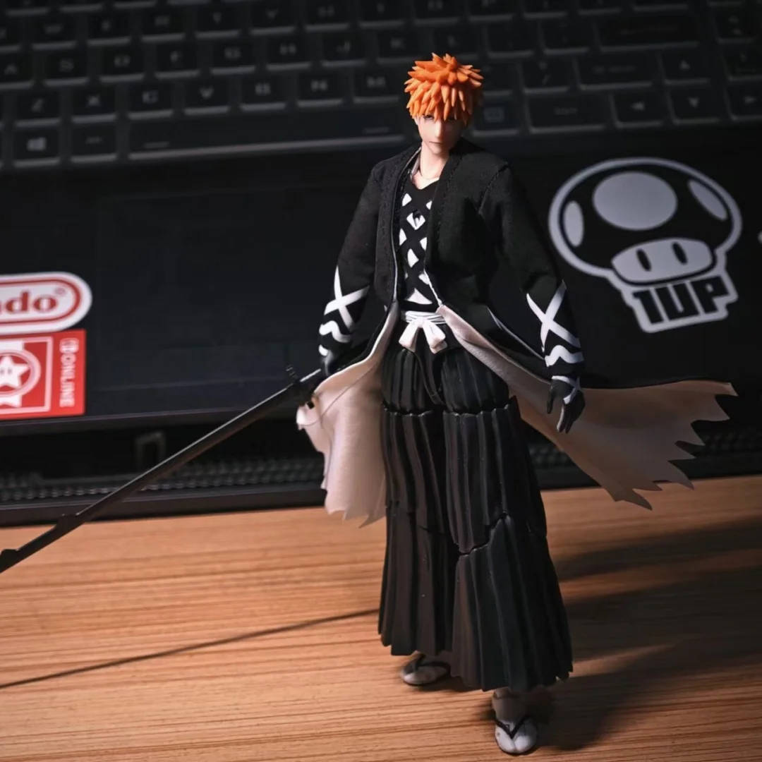 BLEACH Anime Shf Kurosaki Ichigo Handmade Clothes Overcoat Built In Iron Wire for Styling Suitable for 1/12 Movable Humanoid Toy