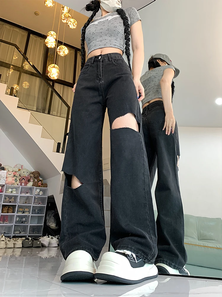 

Прямые джинсы с высокой талией, женские свободные утягивающие тонкие широкие брюки длиной до пола, большие размеры, летние брюки против морщин
