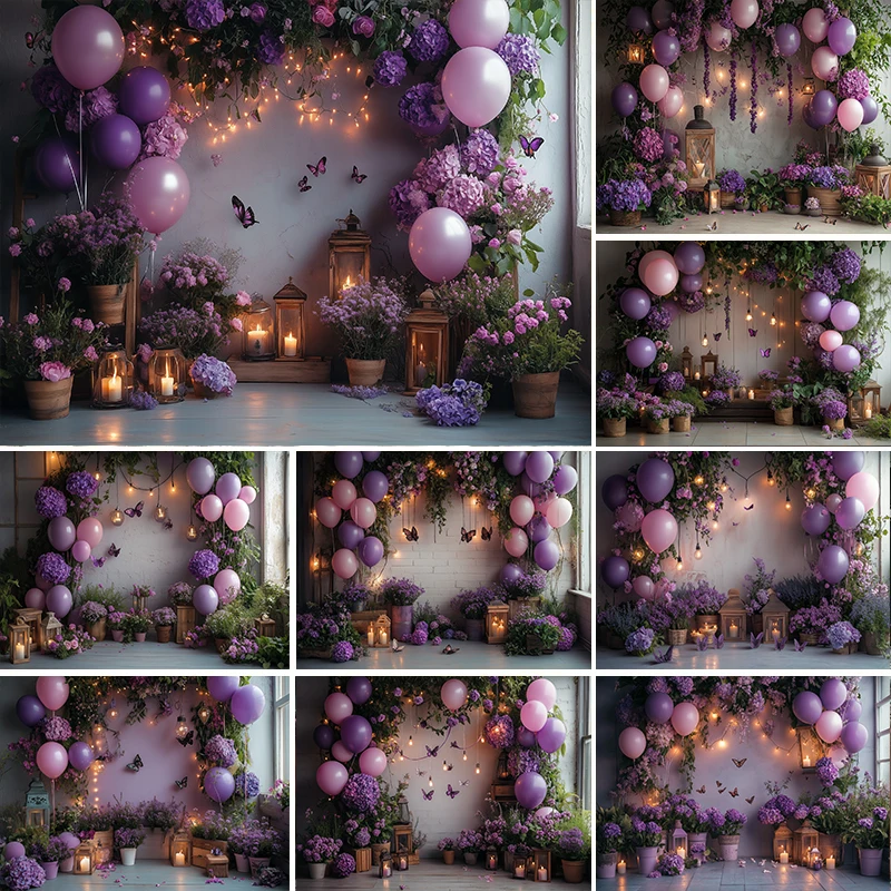 

LS Photography Background Spring Purple Flowers Butterfly Light Decor Baby Shower Adult Child Portrait Photo Backdrop Studio
