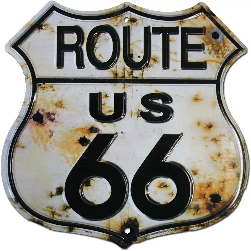 Route 66 (Bullet Holes) - 11.5 inch x 11.5 inch Aluminum Highway Shield Sign