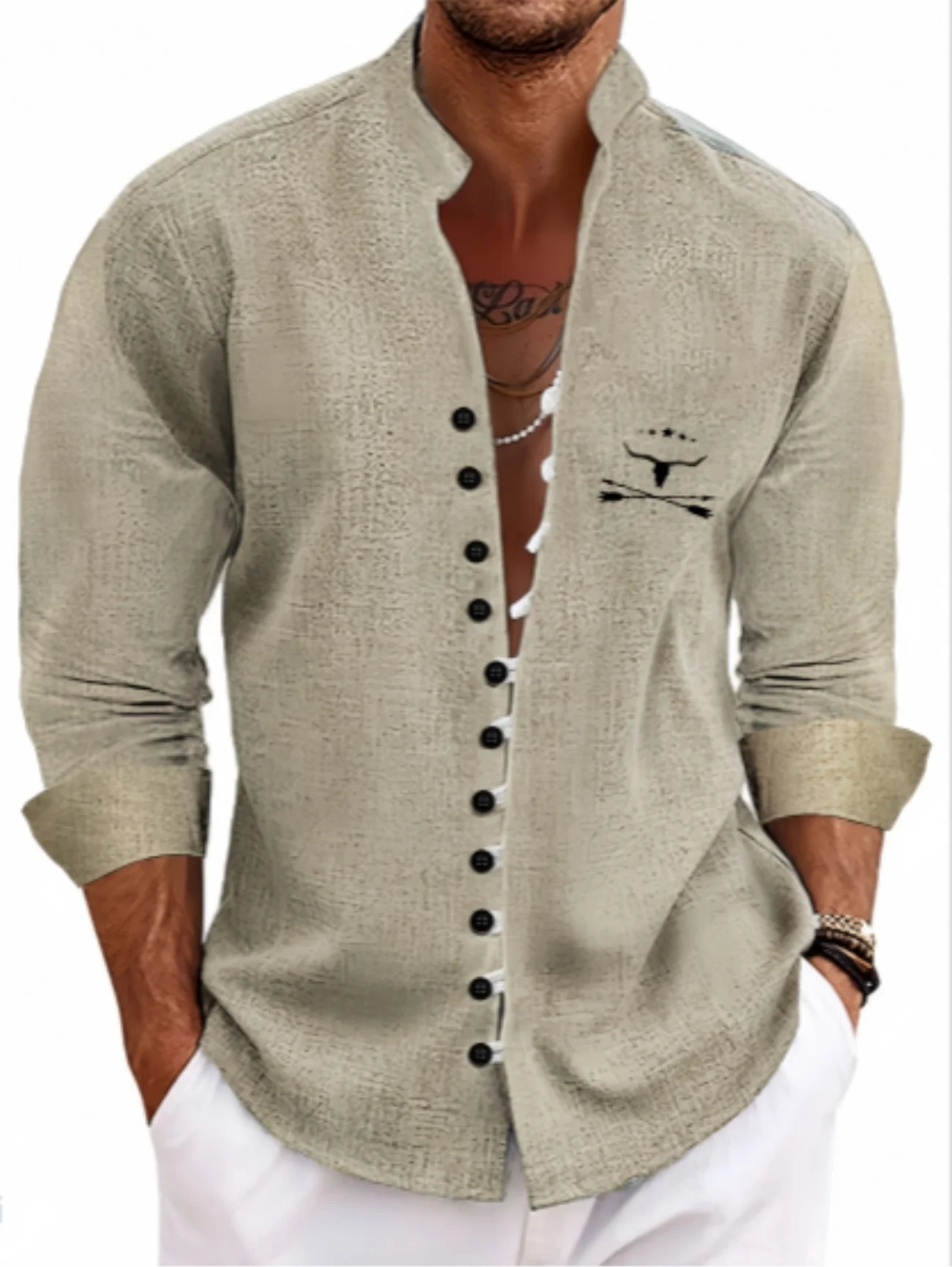 新しいメンズリネン半袖シャツ、ファッショナブル、レトロスタイル、エスニックトーテムプリント、快適で通気性のある、メンズトップ