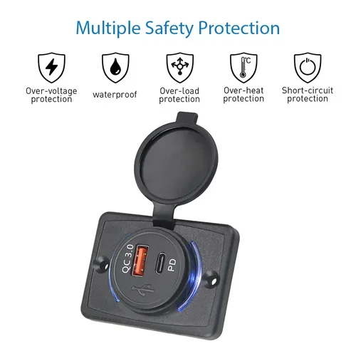 Imagen 2 del producto Cargador rápido USB PD QC3.0 de 12V/24V con cubierta, cargador USB con luz LED de carga rápida resistente al agua para coches, barcos, autobuses y RVS