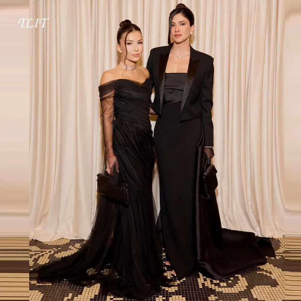 

TLIT Black Tulle Elegant Off Shoulder Mermaid Prom Dress Floor-Length Pleat vestidos de noche Full Sleeve Evening Dress 2026