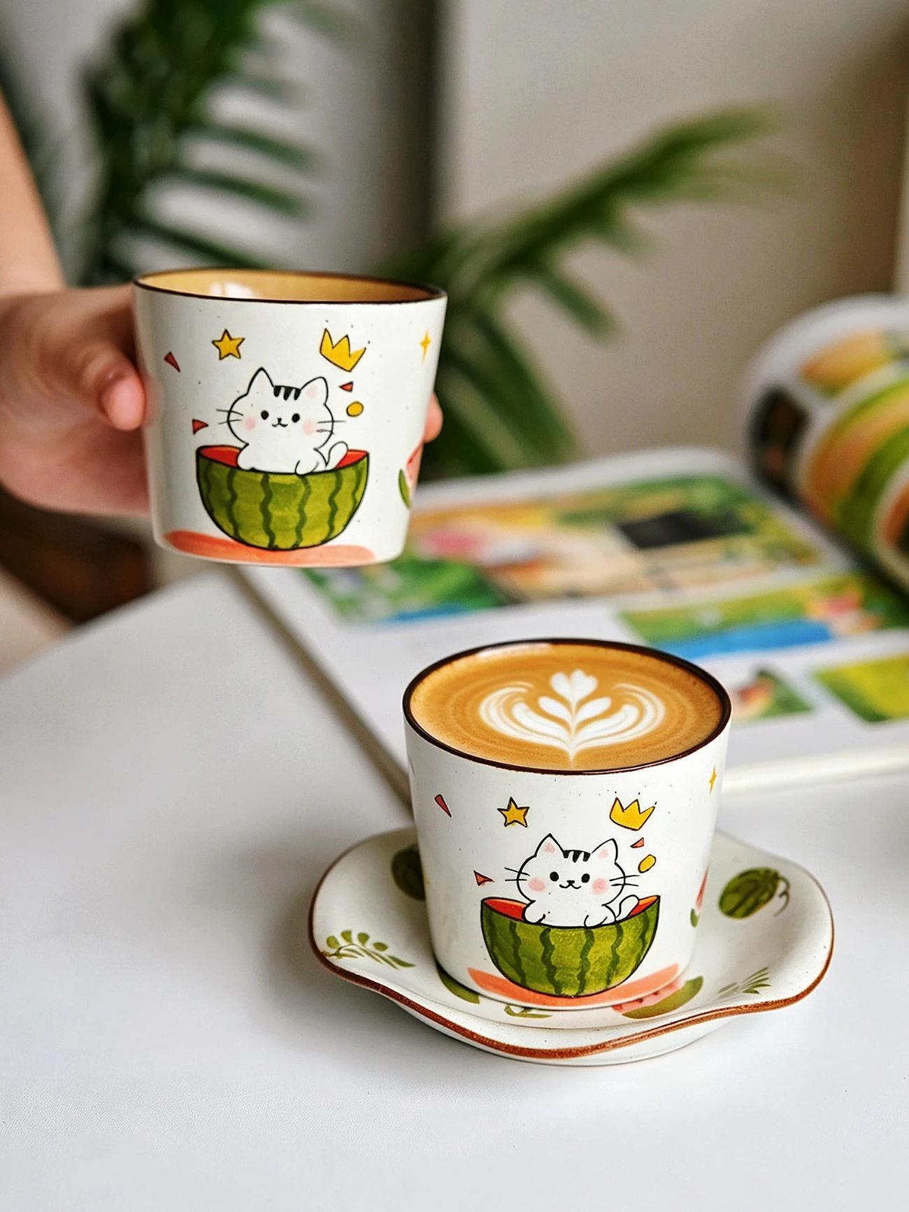 Hand Painted Cartoon Mug – Cute Cat Dog Ceramic Cup with Hand Grip, Latte Art Coffee Tea Cup for Home Office, Gift for Couples