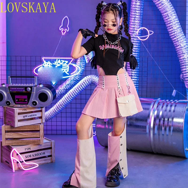 2024 New Girl Jazz Modern Dance Children's Wear Black Open Navel Top Pink Pants Set Fashion Hip Hop Dance Mad Dress