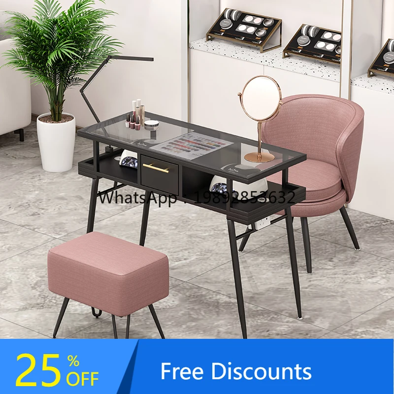 

DF Nail Table Embedded Vacuum Cleaner Manicure Table Chair Set Light Luxury Simple Glass Nail Salon Special