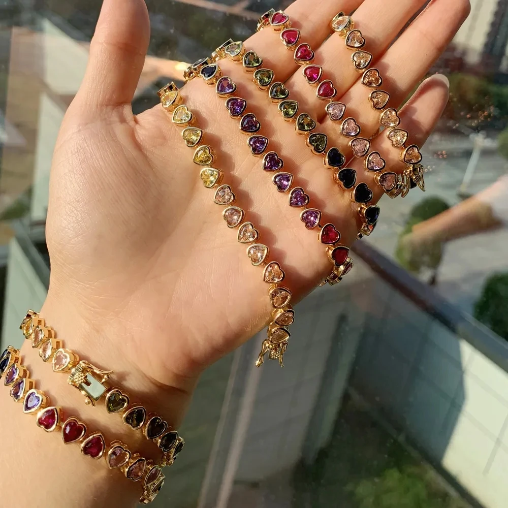 2025 Rainbow Colorful Heart Tennis Chain Bracelet Necklace Gold Color Micro Pave Red Pink Purple CZ Fashion Wedding Jewelry Set