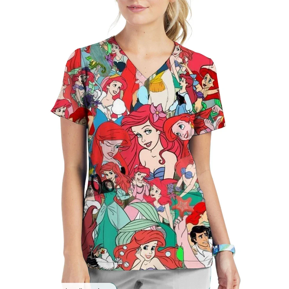 

Униформа медсестры с принтом принцессы Диснея, стоматологическая клиника, хирургическое платье с v-образным вырезом, Белоснежка, больничная рабочая одежда для домашних животных, женская с короткими рукавами