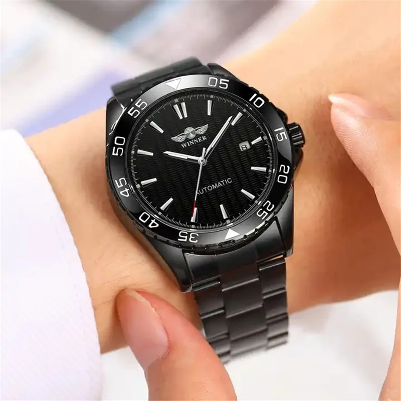 Fashion Winner Top Brand Men Luxury Full Black Stainless Steel Mechanical Automatic Date Christmas Business Wrist Watches