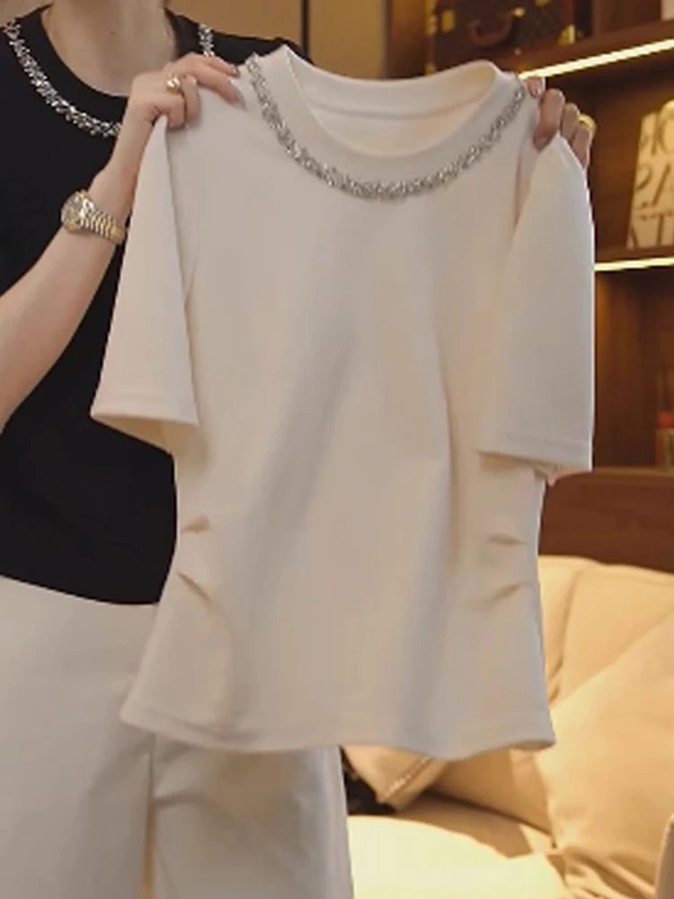 

Slimming ort Sve T-irt Heavy Embroidery Pure Cotton Waist Cinching Commute Sle Korean Version Straight Cut Top