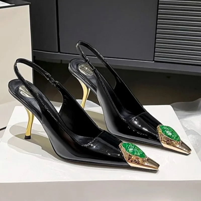 

Street Style Design Inlay Diamonds Woman Pumps Sandals Elegant Sexy Thin Heels Pointed Toe Banquet Prom Slingbacks Shoes