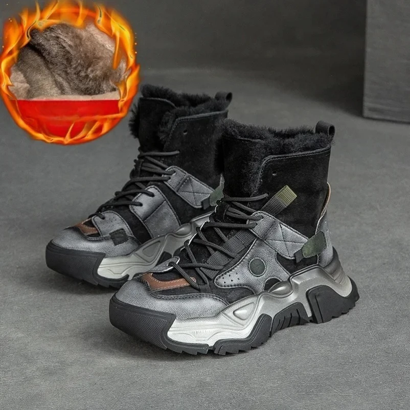 2025 النساء الأحذية 5 سنتيمتر حذاء من الجلد الجلود منصة حقيقية الخريف الشتاء منتصف العجل مختلط اللون العرقية حذاء بكعب سميك أحذية أنيقة