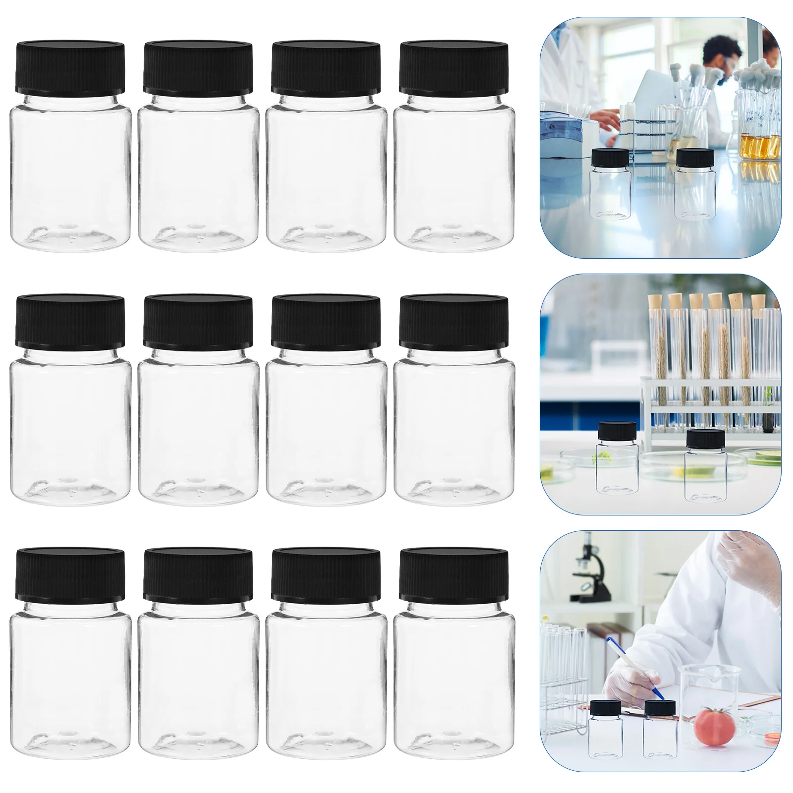 

12pcs 50ml Sampling Bottles Wide Mouth Black Cap Plastic Vials Small Bottle Alcohol Water