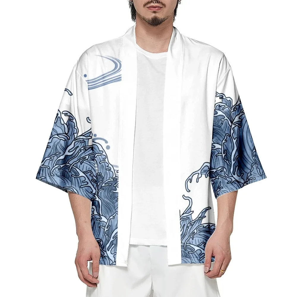 Summer Japanese Kimono for Men/Women Harajuku Wave Carp Print Traditional Bathrobes Short Sleeves Beach Shirt Chic Kimono Mujer