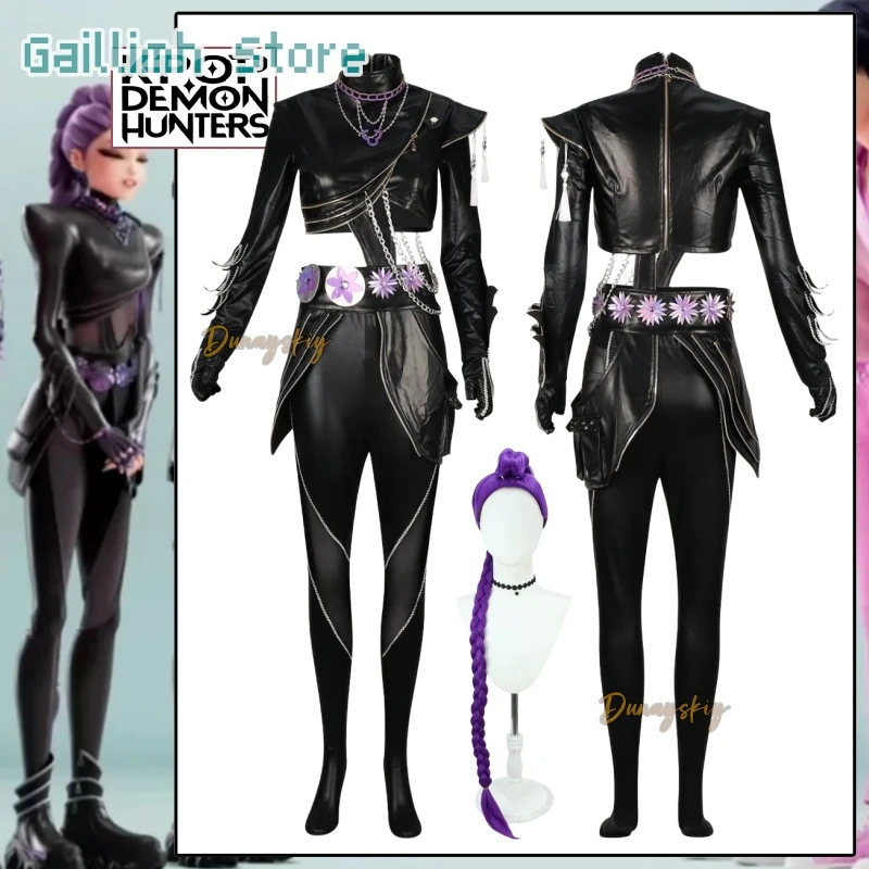 

Kpop Demon Hunters Girl Group Rumi Cosplay 할로윈 의상 Anime Movie Black Leather Set Purple Wig Roleplay Outfits Party Halloween NEW