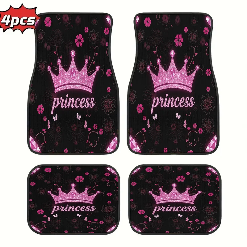 4pcs Princess Style Car Floor Mats Pink Crown Floral Pattern Luxury Design For Spring Summer Travel Use