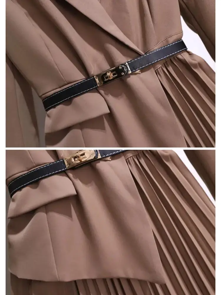 Falso abito blazer intero patchwork con cintura pieghettata vintage in due pezzi Elegante abito longuette da ufficio da donna a maniche lunghe con intaglio