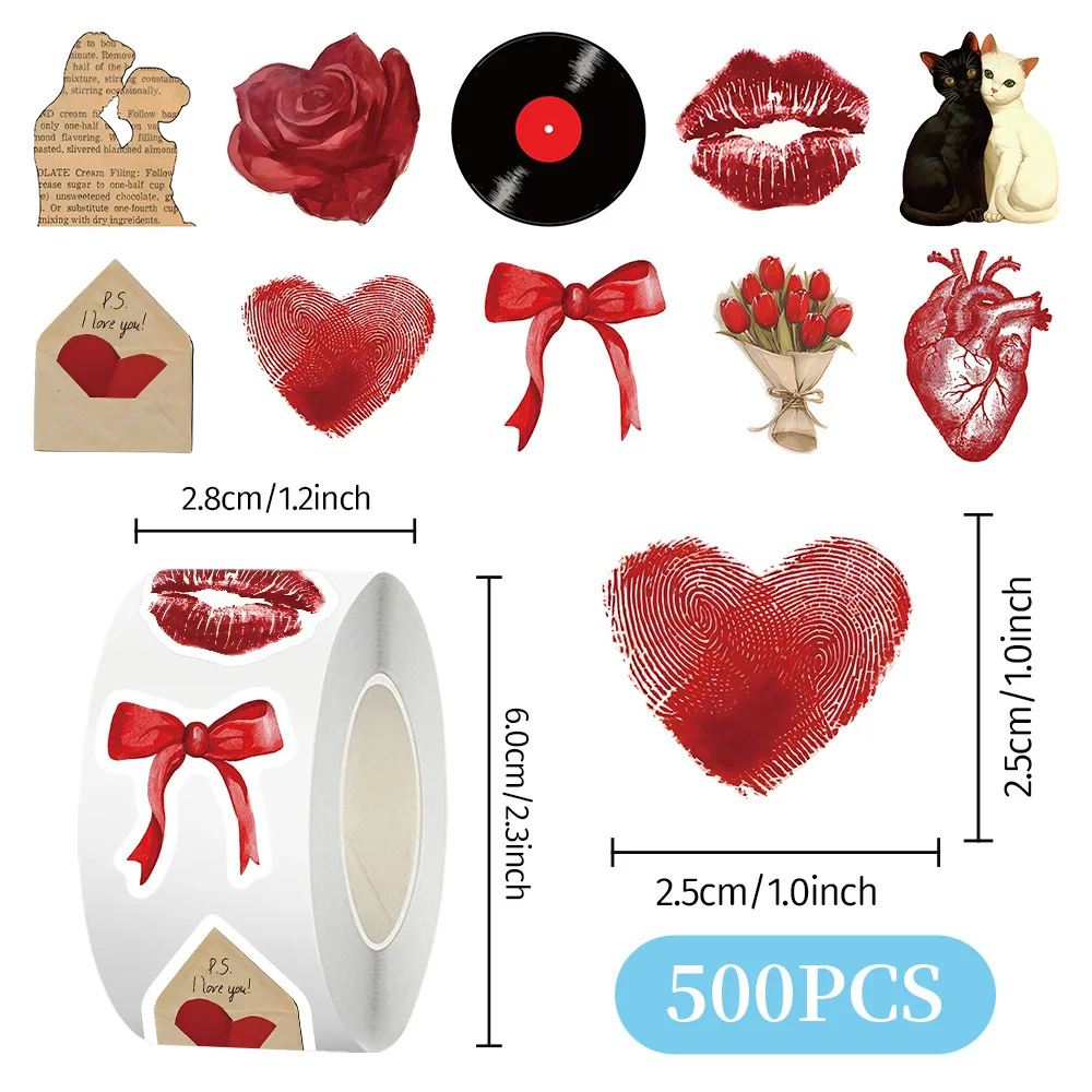 500pcs Cartoon Valentine's Day Stickers Roll DIY Laptop Fridge Notebook Phone Suitcase Diary Decorative Toy Gifts Sticker Labels