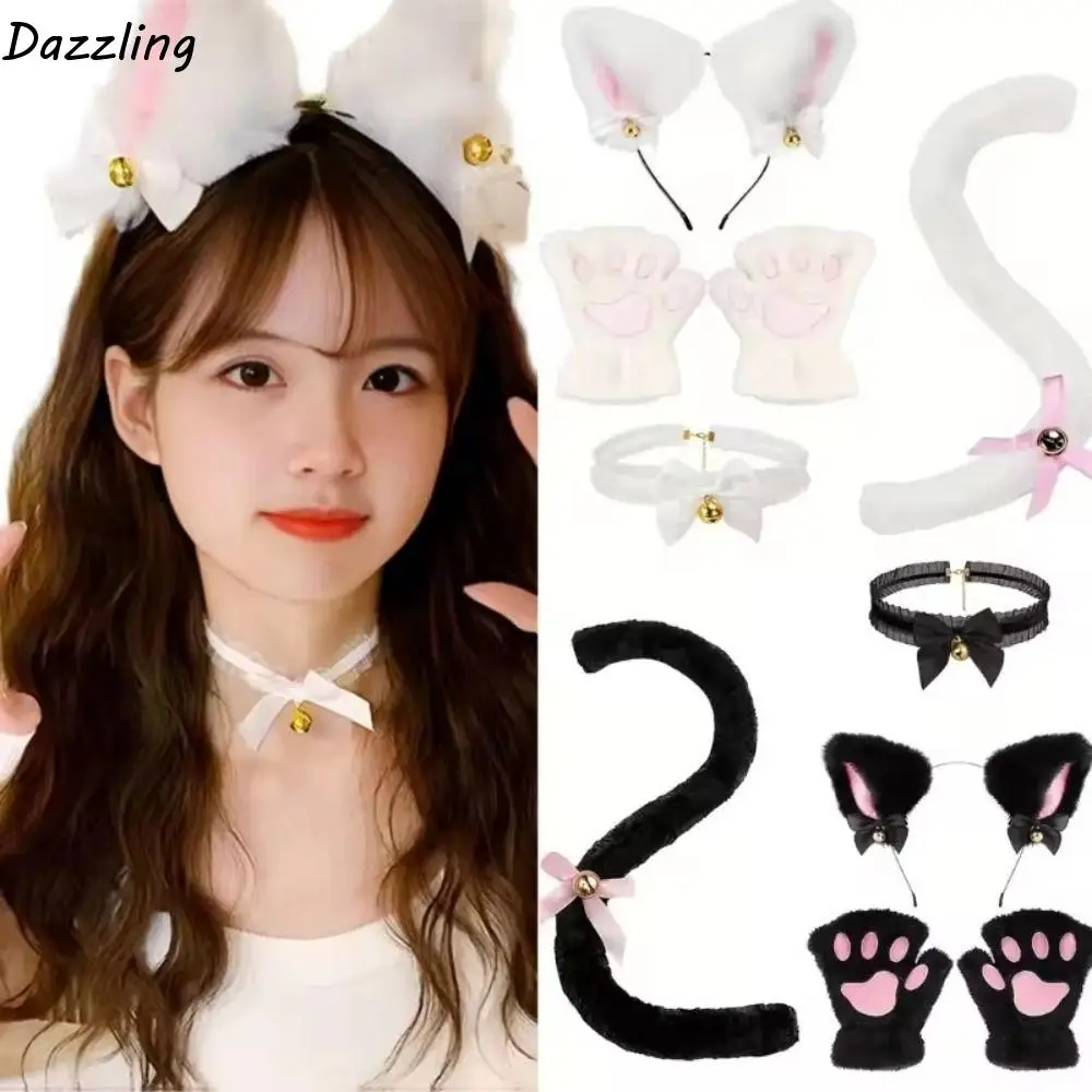 

Забавный комплект повязок на голову с кошачьими ушками, бант Jk, головные уборы для косплея, перчатки с кошачьими лапами, плюшевое платье на Хэллоуин, макияж