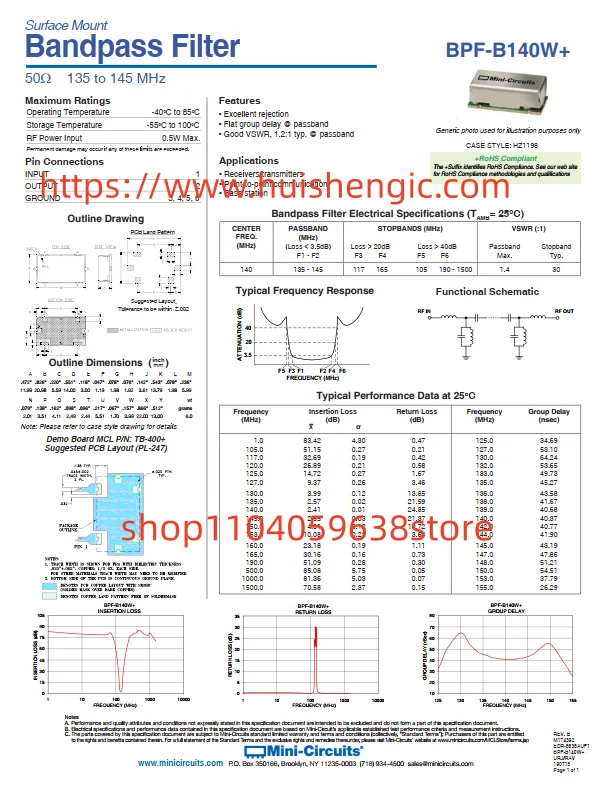 BPF-B140W+     140MHz intermediate value frequency band-pass RF filter (radio frequency) 10MHz bandwidth 6-SMD,