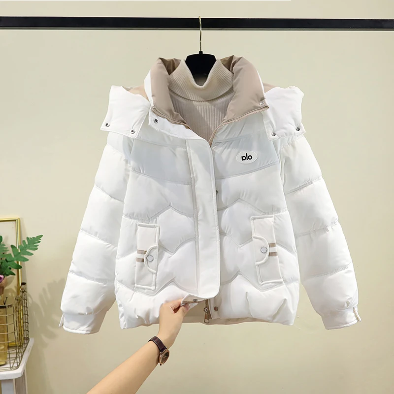 

Winter Thiened Cotton Jaet Women's Loose Faion Detachable Hat Coat Sli Commute Regular Sve Long Zipper Pure Color