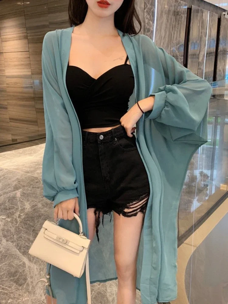 Super Immortal Korean Sunscreen Women Mid Length Chiffon Cardigan Wrapped with Shawl Ultra Thin Long Sleeve Female Cardigan