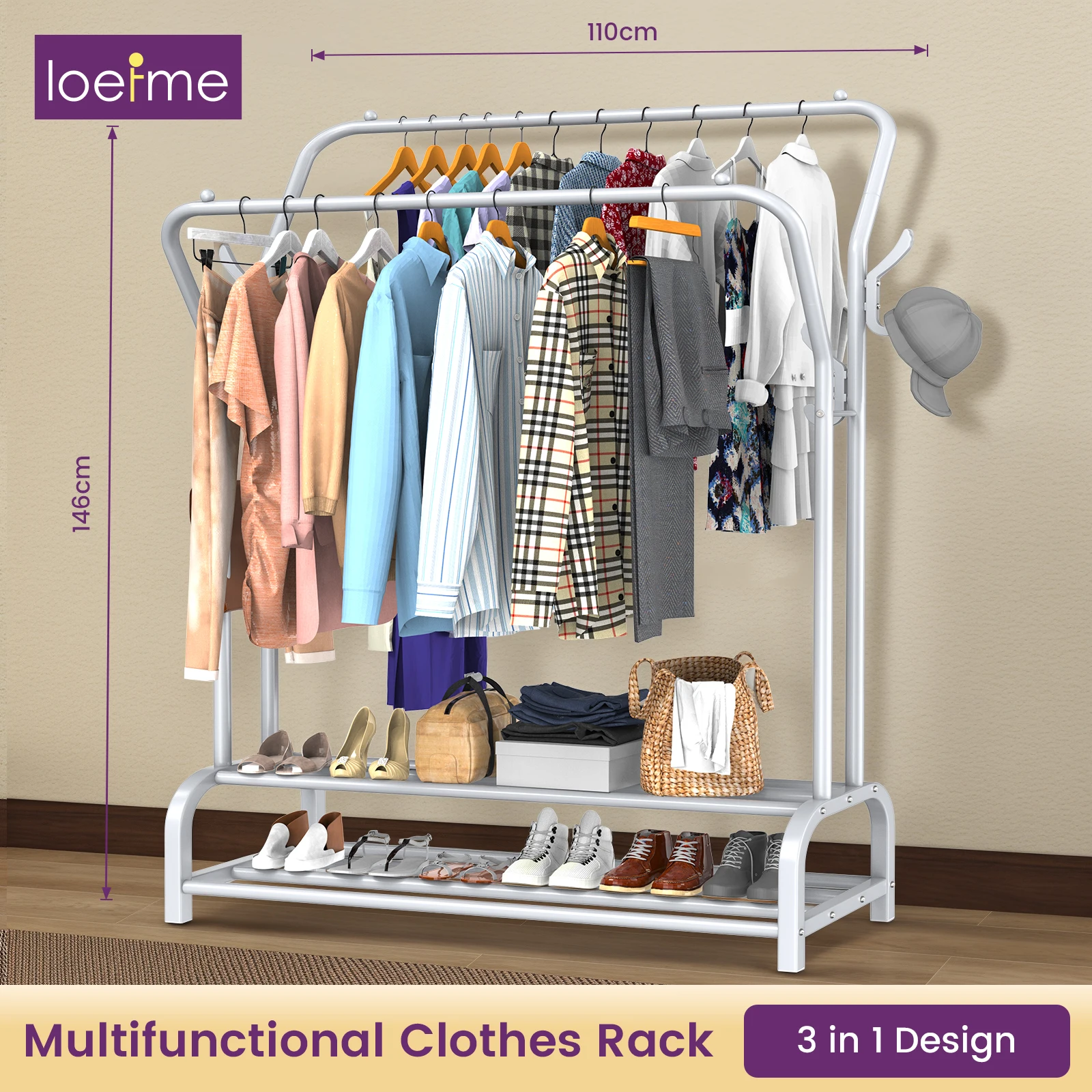 LOEFME Double Heavy Duty Metal Clothes Rail Storage Garment Shelf Display Stand ,with 2 Tier Storage Shelves,for bedroom