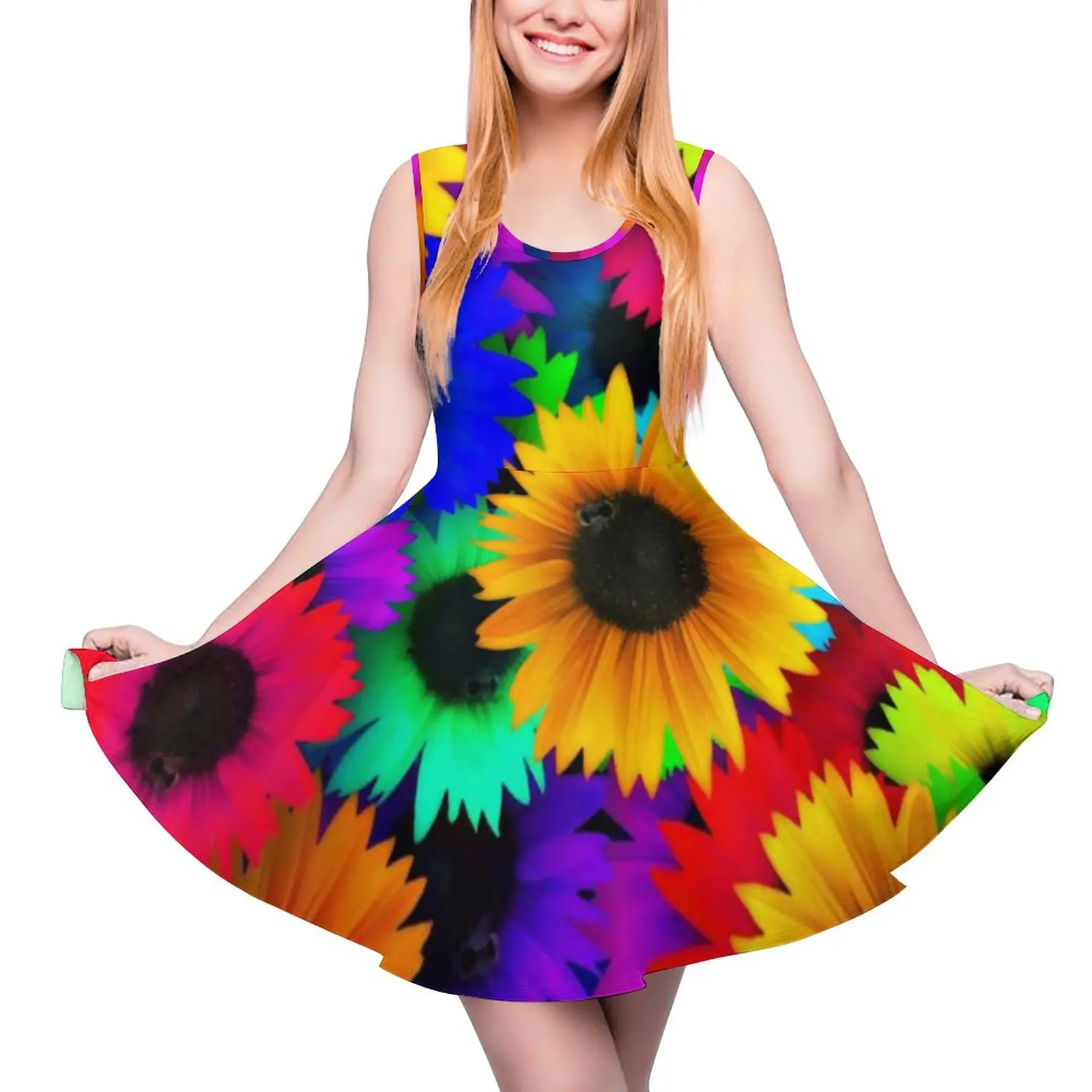 Colorful Sunflower Dress Cheerful Flowers Print Sexy Dresses Sleeveless Street Wear Skate Dress Summer Womens Oversized Clothing