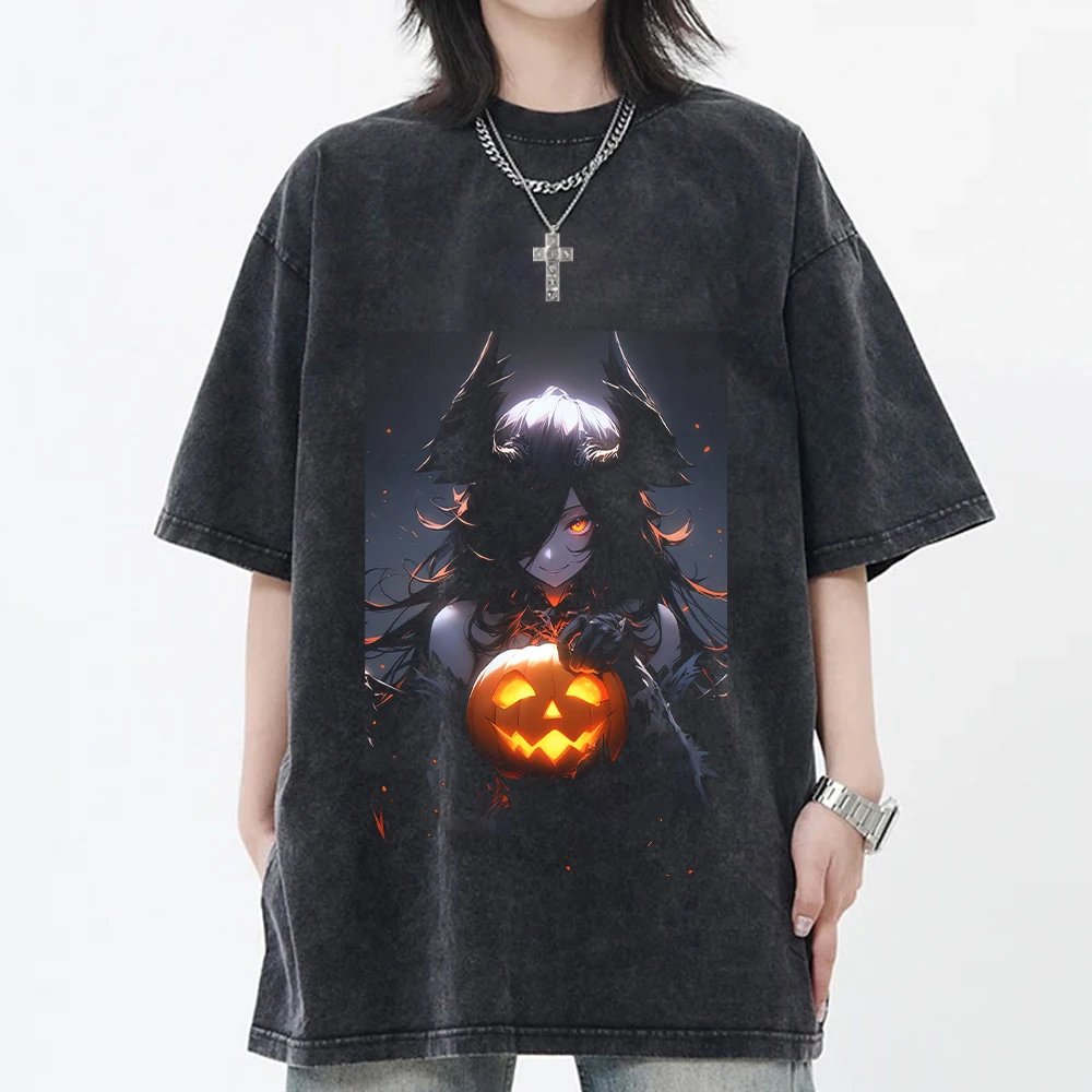 Overlord Albedo Halloween Printed Tee Men Women Washed Cotton T-shirts Manga Vintage T Shirt Harajuku Male Short Sleeve Tshirt