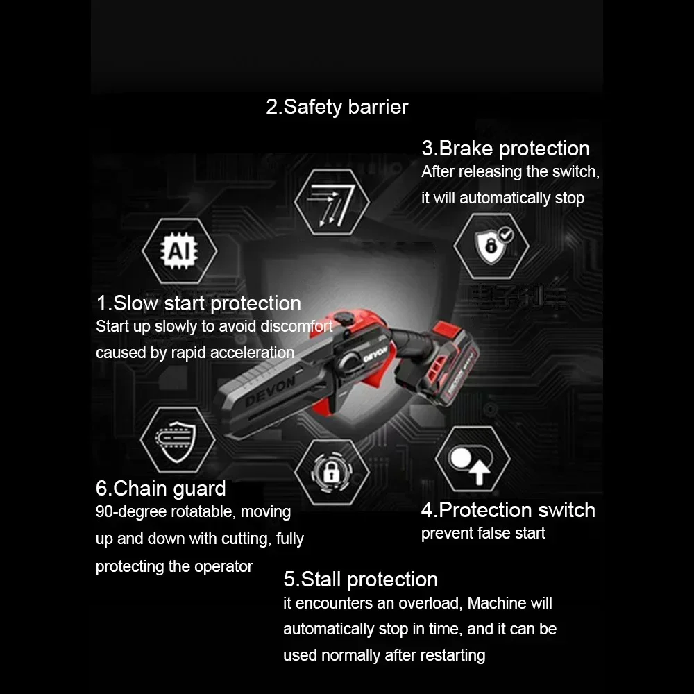 Devon 4559 20v Cordless Chain Saw Brushless Chainspeed 8m/s Automatic Oil Pump 50ml for Wood Cutting Universal Flex Battery