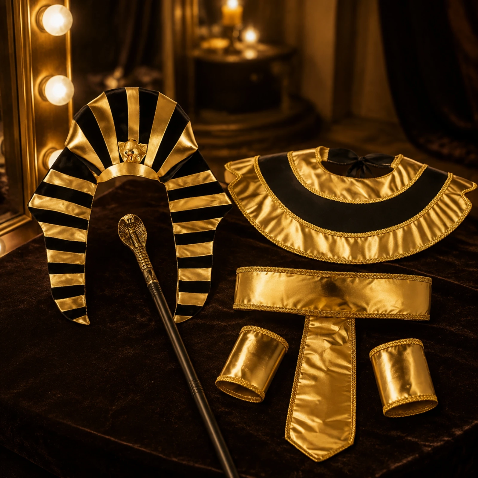 Dress-up Outfit Theatrical Egyptian Pharaoh Costume Accessory Set with Headdress Collar and Wrist Cuffs for Cosplayers