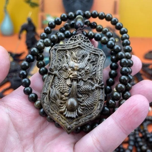 6mm*108 Beads Necklace Natural Agarwood Prayer Beads Dragon Carved Lucky Pandent