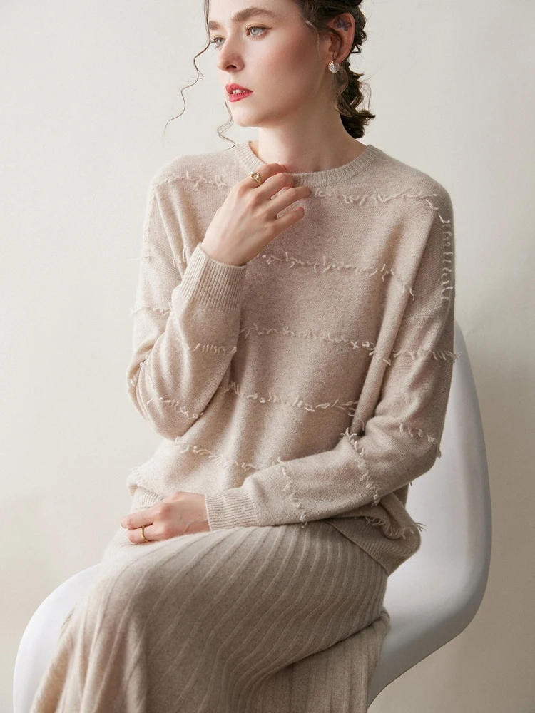 Chic Exquisite Preppy Style Women's 7GG100% Cashmere Knitted Pullovers O-Neck Basic Soft Solid Sweater Autumn Winter Casual Tops